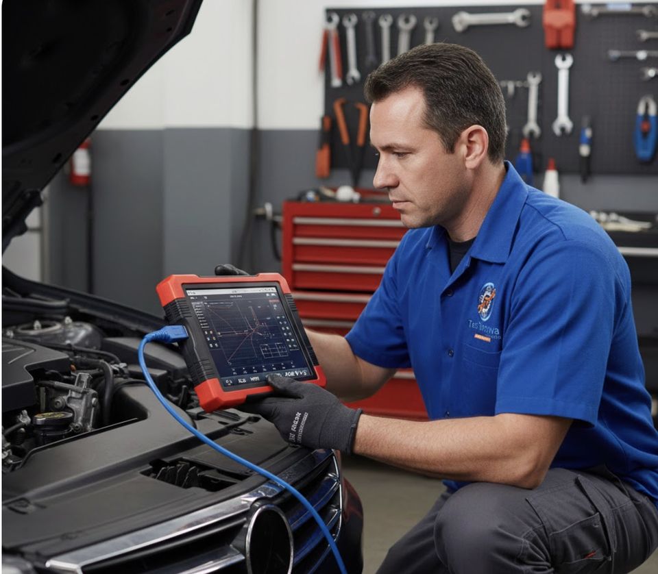 Técnico diagnosticando un coche con una tableta de diagnosis